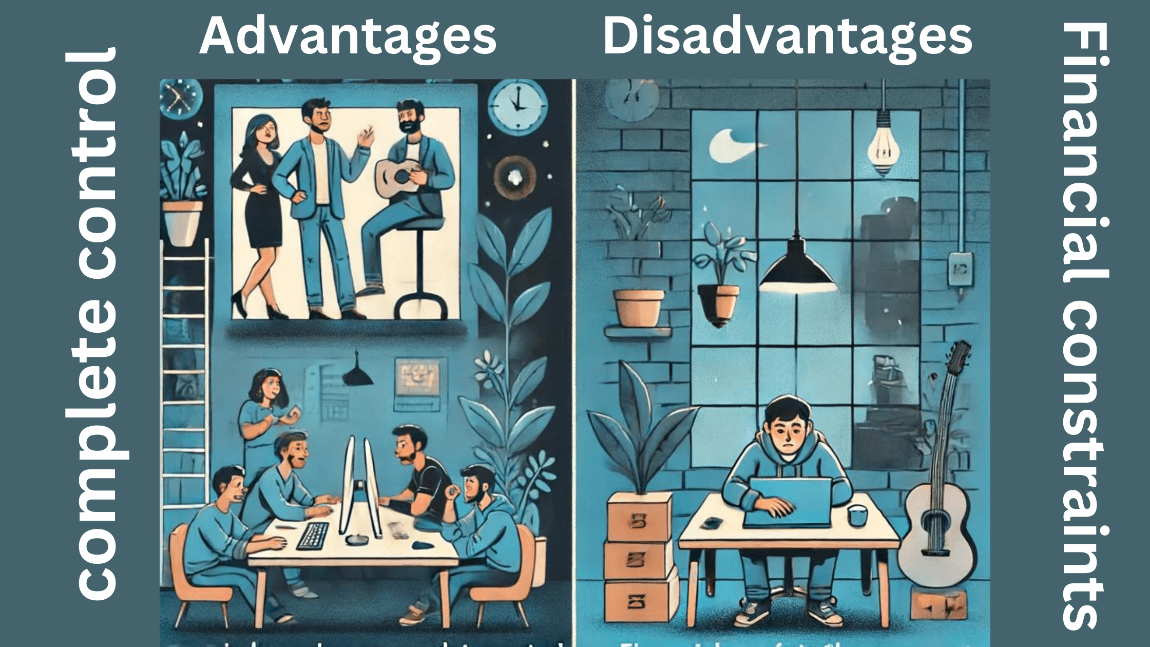 Illustration depicting the advantages and disadvantages of bootstrapping for startups, highlighting independence, control, and collaboration on one side, and financial constraints, slower growth, and personal risk on the other.